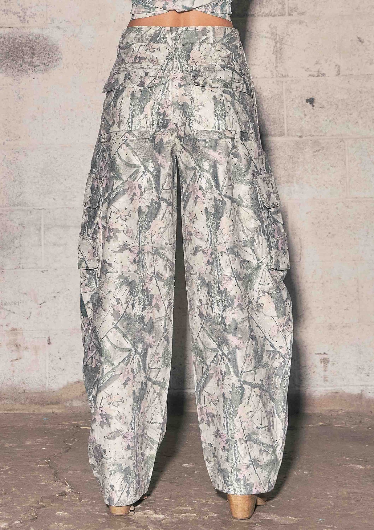Rhinestone Camo Print Baggy Barrel Jeans