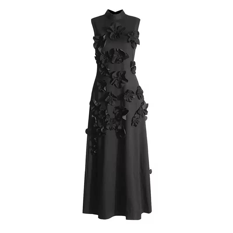 DR0206Y Chic Collar Sleeveless Dress with 3D Flowers
