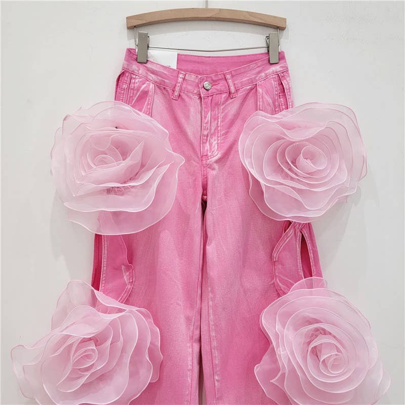 PT021Y Pink Rose Denim Palazzo Pants - High Waist