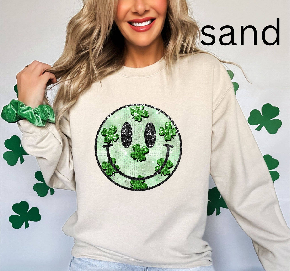 Faux Sequin smiley crewneck with shamrocks st patricks day