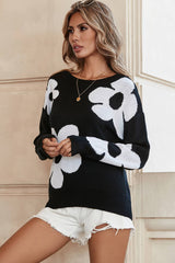 Black Big Flower Pattern Knit Sweater: