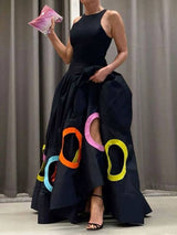 Hollow Pleated Sleeveless Round-Neck Maxi Dress