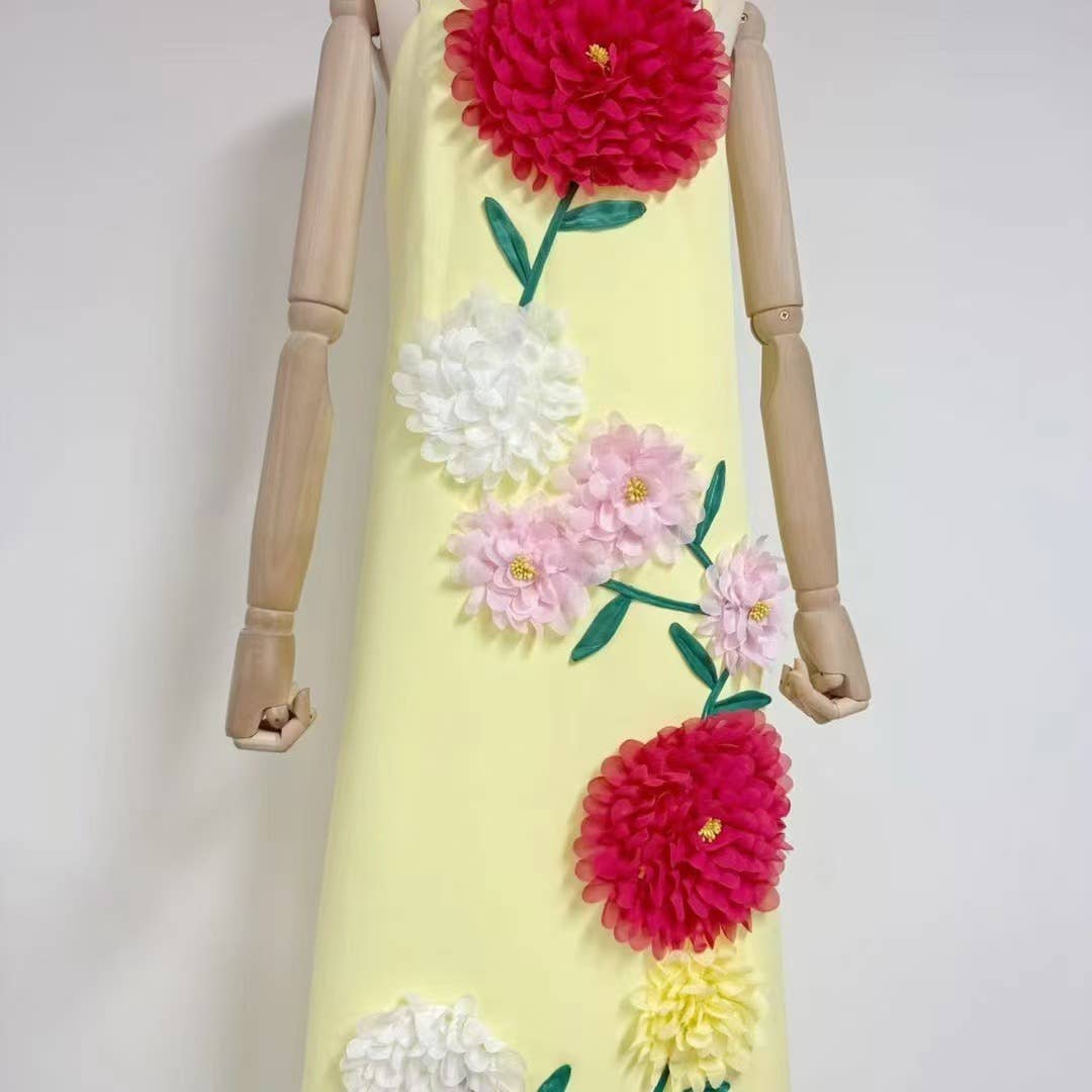 DR516Y Colorful 3D Floral Swing Suspender Long Summer Dress