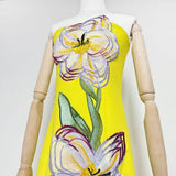 47Y Yellow Retro Tube Top Dress with 3D Floral Embroidery