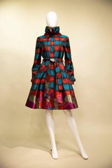 Yarn-Dyed Plaid & Floral Brocade Dress-Coat Pocket - 17244