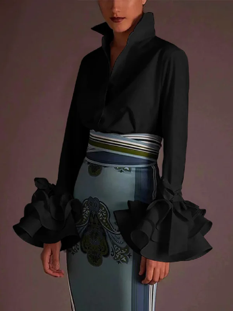 V neck long sleeve flower hem blouse