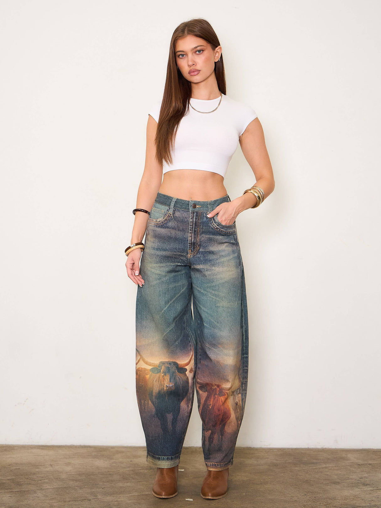 Long Horn Digital Print Baggy Jeans