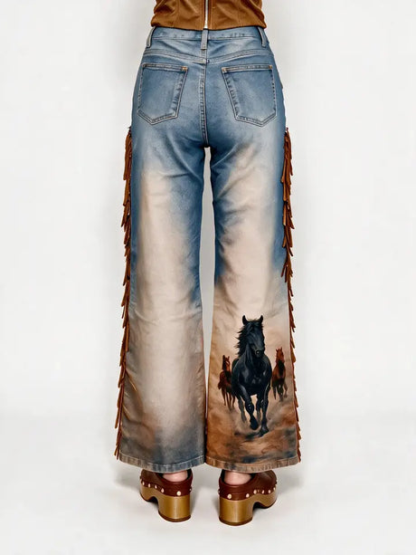60151P Western Horse Print Fringe Wide Leg Jeans
