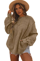 Khaki Exposed Seam Twist Open Back Oversized Sweatshirt: Khaki / L / 80%Polyester+20%Cotton