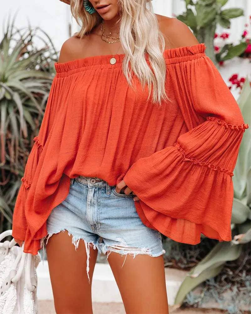 Frill hem off shoulder bell sleeve top