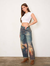 Long Horn Digital Print Baggy Jeans