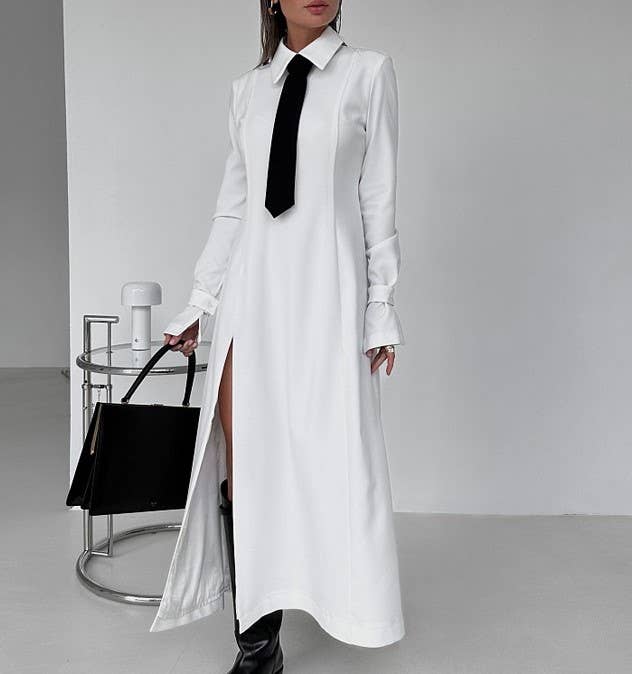 New style preppy necktie dress with lapel slit