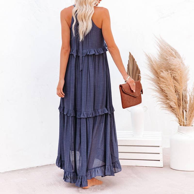 Resort-Style Ruffles Swing Floaty Lining Beach Dress