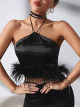 Halter neck fuzzy trim satin crop top