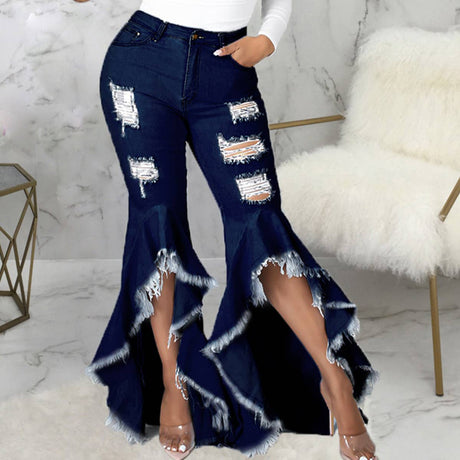 HOLE WASHED DENIM BELL BOTTOMS WIDE LEG PANTS_CWJP0086