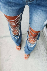 Denim & Diamonds Rhinestone Chain Ripped Cut Out Jeans