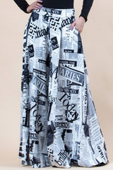P919-156News1-Lidia Newspaper Black And White Wide Leg Palaz