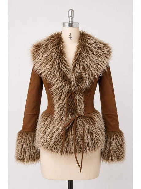 25061J Western Faux Fur Lace Up Jacket