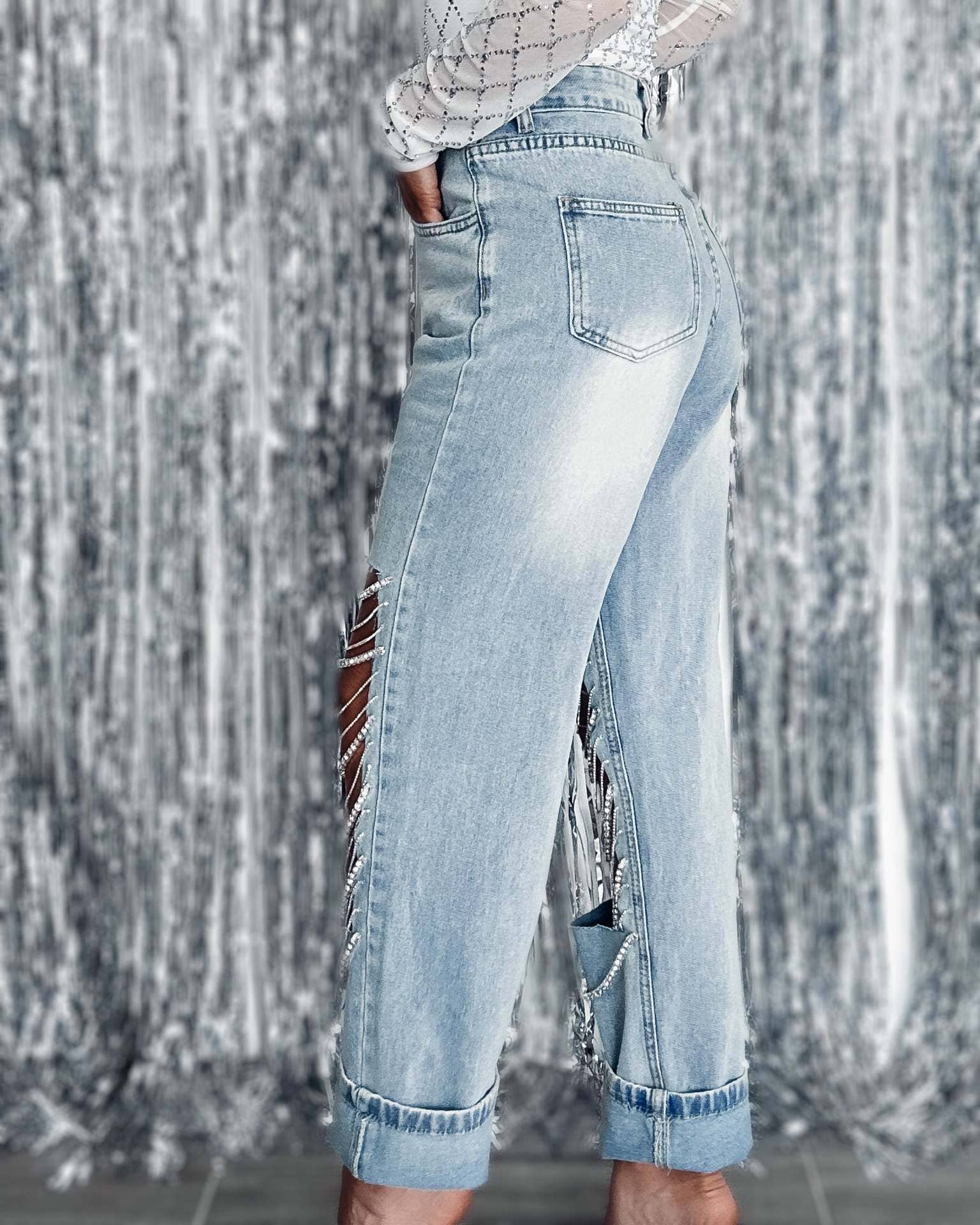 【SCENERITY】Bijou Ripped Denim Jules Rhinestone Denim Jeans – EDGE