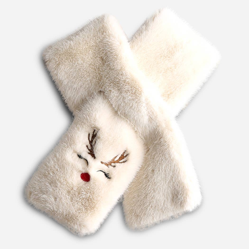 REINDEER Faux Fur Embroidered Pull Through Scarf