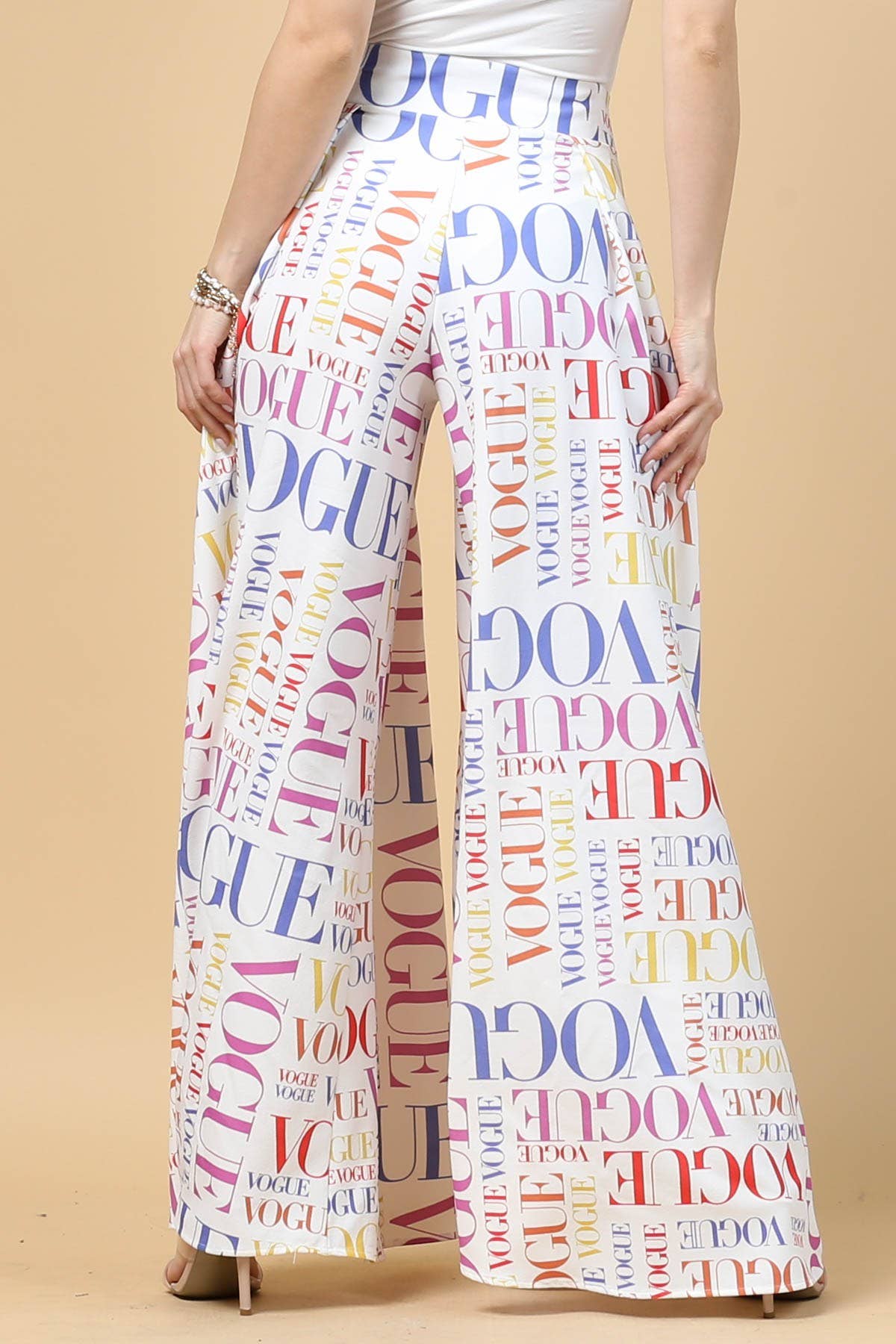 P919WH-MULTIVOGUE2-Women White Multi Vogue Palazzo Wide Pant
