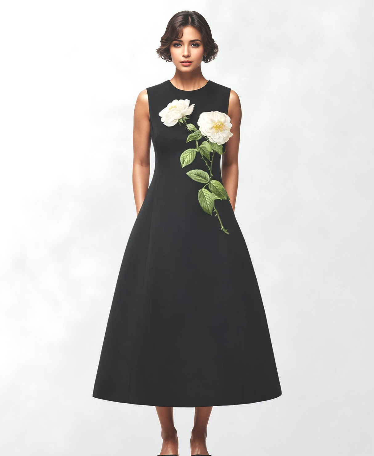 DR750Y Sleeveless 3D Floral Embroidered Elegant Long Dress