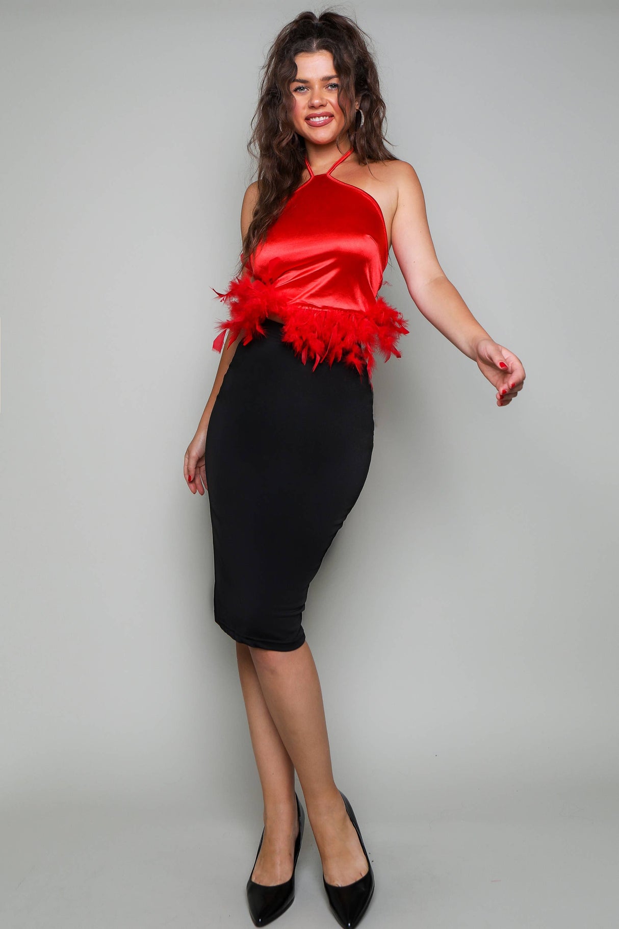 Halter neck fuzzy trim satin crop top