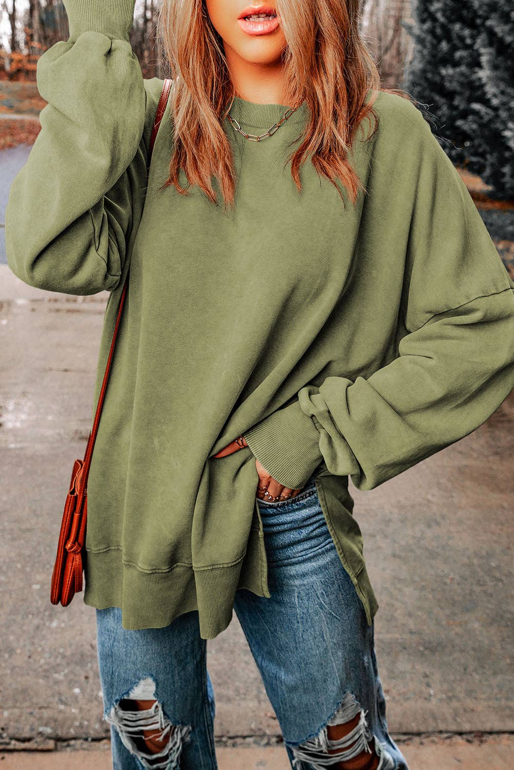 Green Drop Shoulder Ribbed Trim Oversized Sweatshirt: Green / M / 75%Polyester+25%Cotton