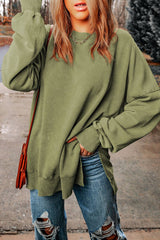 Green Drop Shoulder Ribbed Trim Oversized Sweatshirt: Green / S / 75%Polyester+25%Cotton