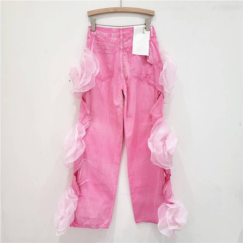 PT021Y Pink Rose Denim Palazzo Pants - High Waist