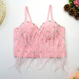 Feather Tassel Beaded Top with Rhinestones and Fur Liner for Winter