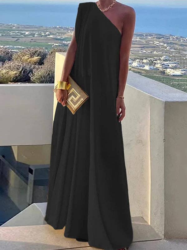 Loose Asym Solid Split One-Shoulder Maxi