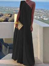 Loose Asym Solid Split One-Shoulder Maxi