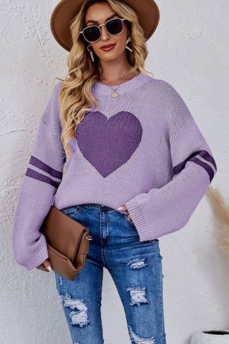 Valentine's Day color match heart peach crew-neck sweater