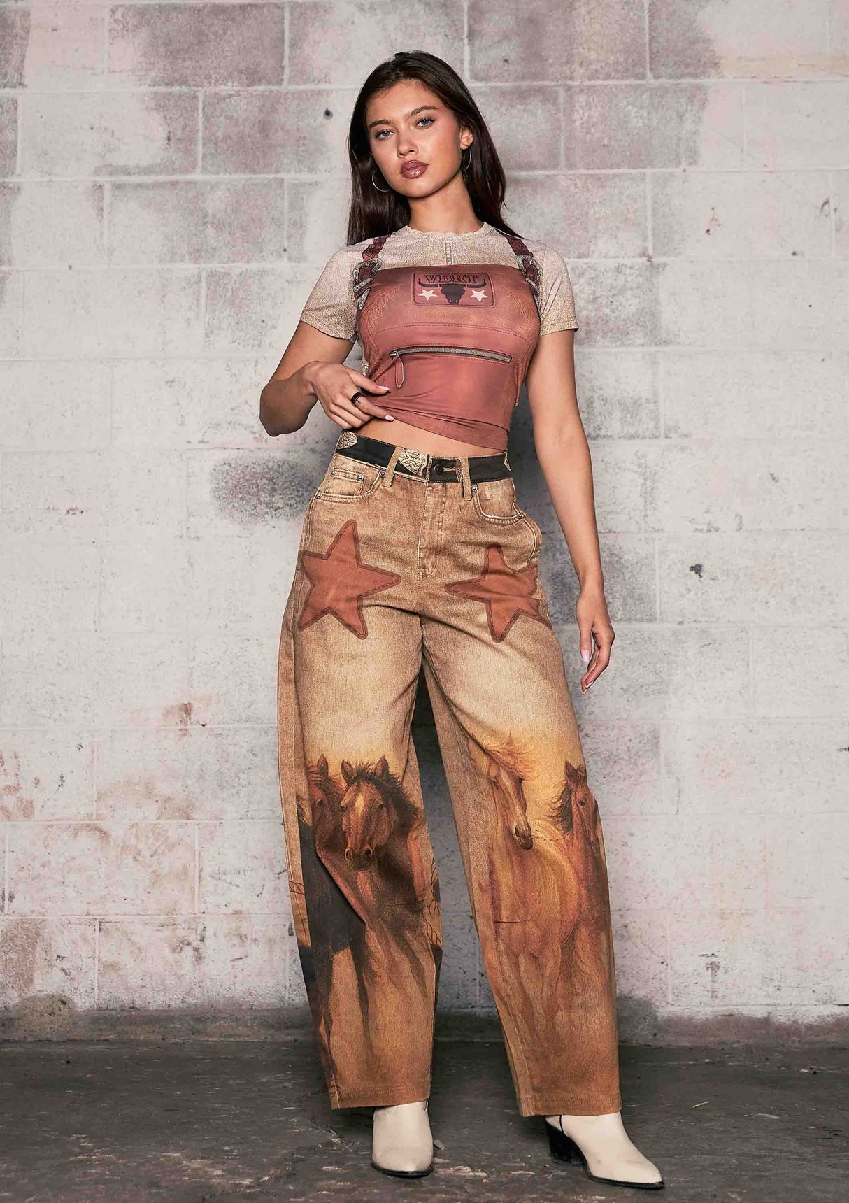 Cow Boots Digital Print Wide Leg Jeans