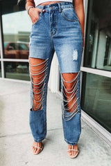 Denim & Diamonds Rhinestone Chain Ripped Cut Out Jeans