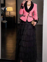 SY314 Elegant Tweed Jacket with Mesh Sequined Maxi Skirt