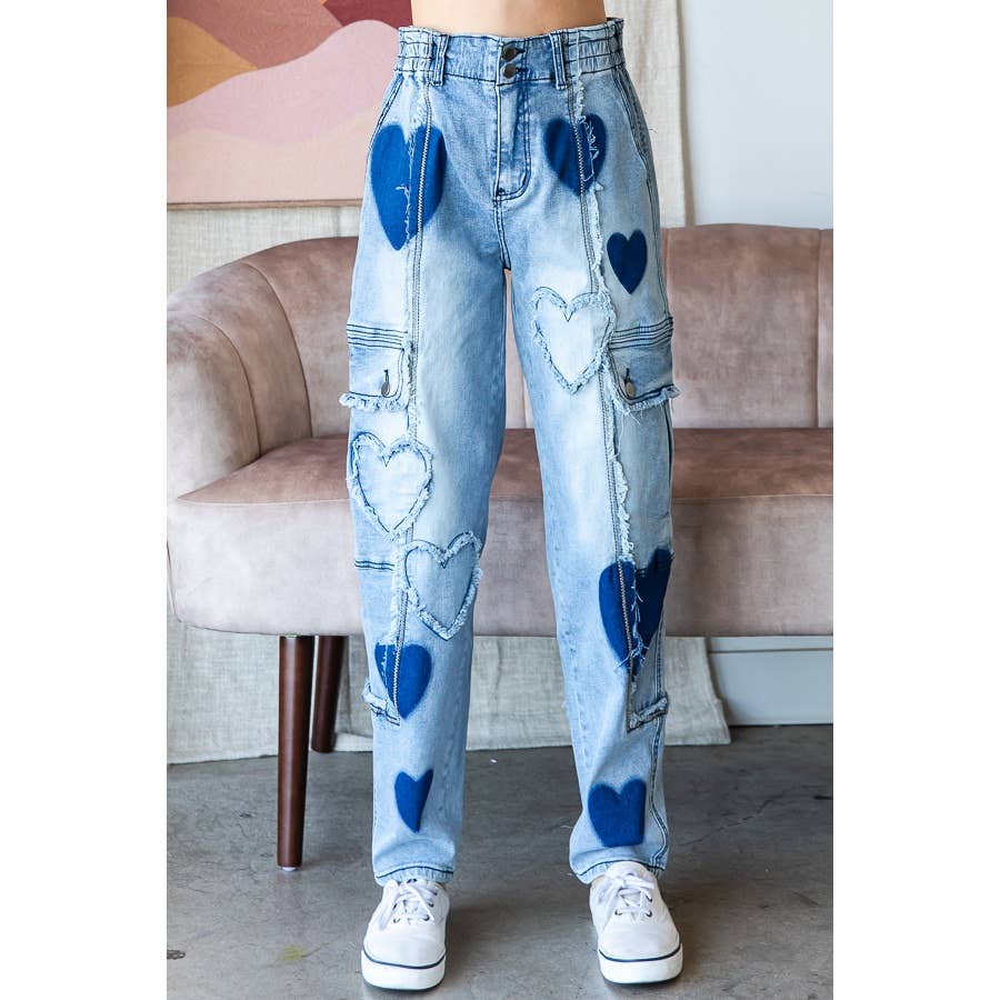 WASHED HEART DETAIL MID RISE STRETCH DENIM JEANS