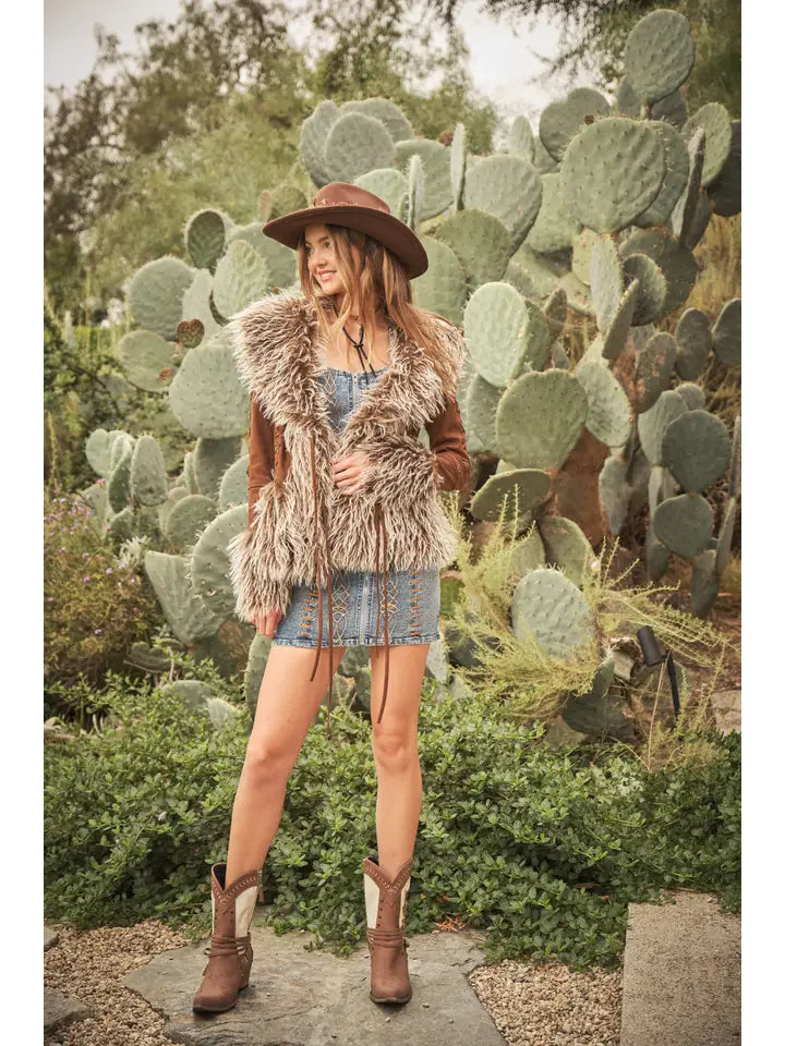 25061J Western Faux Fur Lace Up Jacket