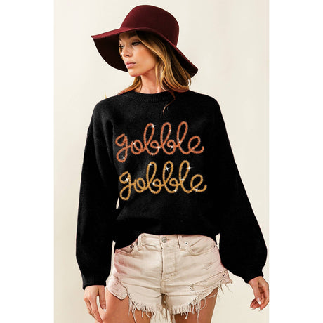 THANKSGIVING GOBBLE GOBBLE TINSEL METALLIC LETTERING SWEATER