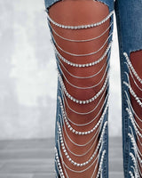 Denim & Diamonds Rhinestone Chain Ripped Cut Out Jeans