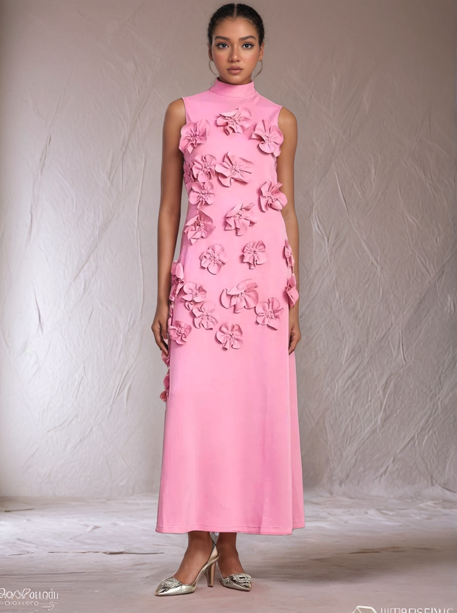 DR0206Y Chic Collar Sleeveless Dress with 3D Flowers