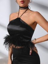 Halter neck fuzzy trim satin crop top