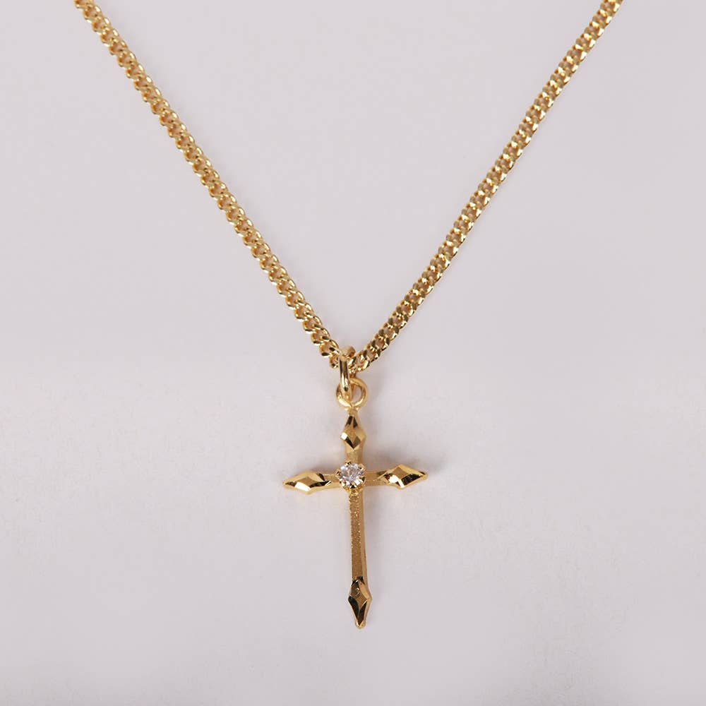 Necklace Cross Stone Gold Over SS 16-18" Gold Plated Brass C
