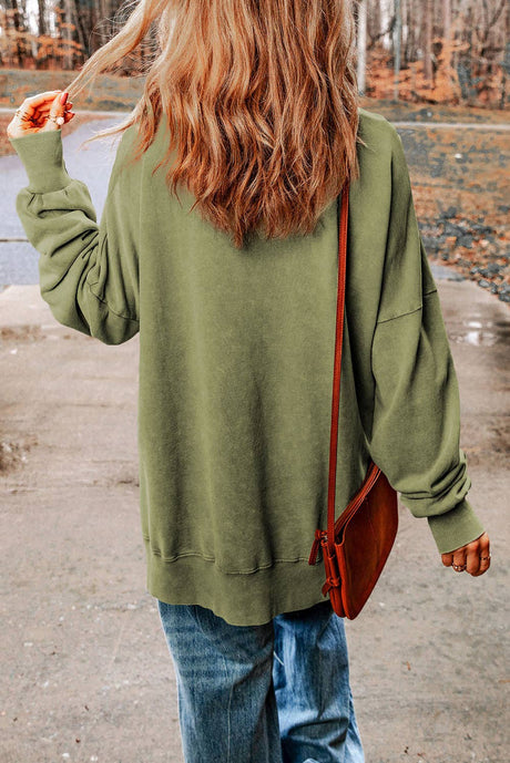 Green Drop Shoulder Ribbed Trim Oversized Sweatshirt: Green / L / 75%Polyester+25%Cotton