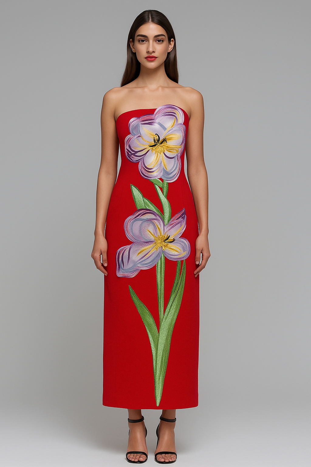 47Y Yellow Retro Tube Top Dress with 3D Floral Embroidery