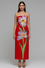 47Y Yellow Retro Tube Top Dress with 3D Floral Embroidery