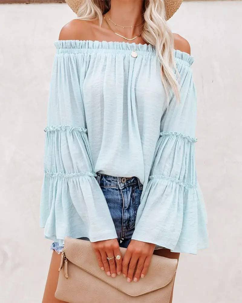 Frill hem off shoulder bell sleeve top