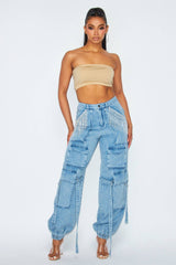 Blessed Rhinestone Fringe Cargo Denim Jogger Pant HDP30466ME