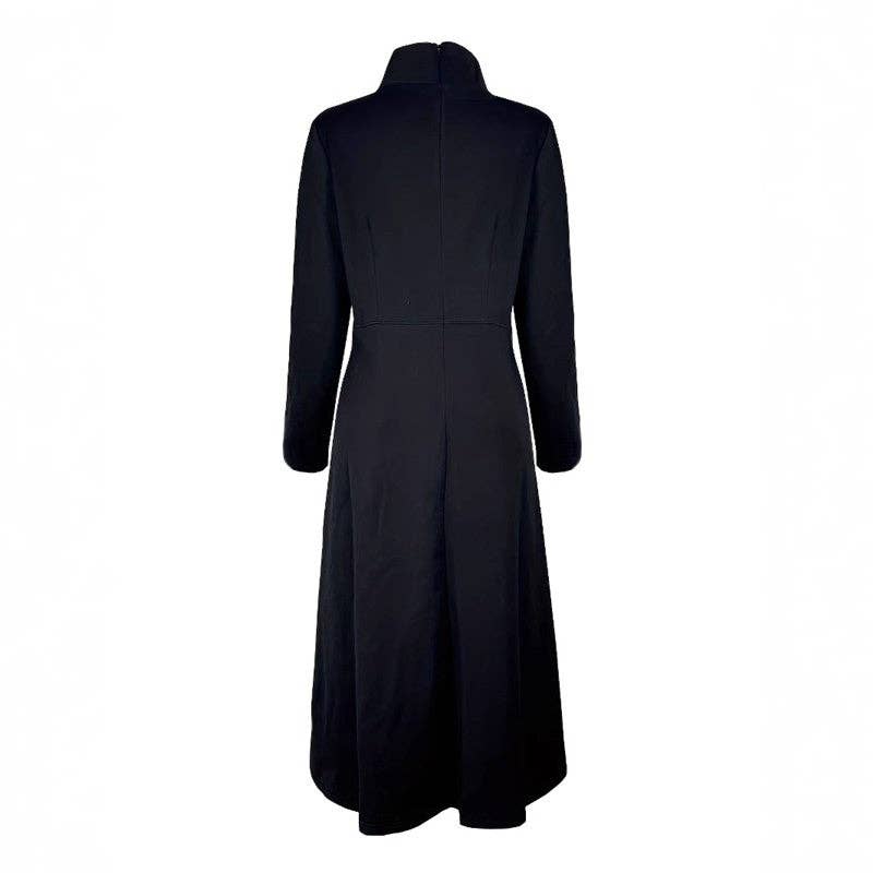 Solid Color Slim High Neck Waist Long Sleeve Dress